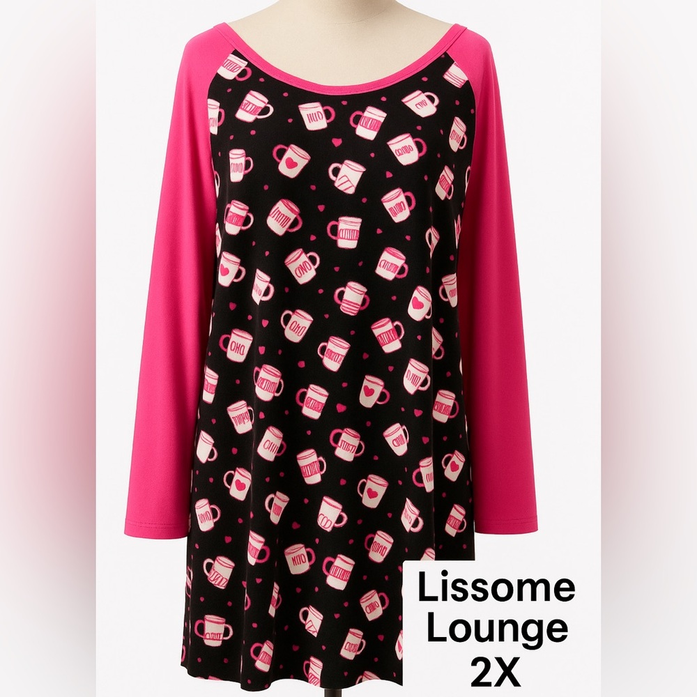 Lissome Lounge 2X Coffee Print Nightgown Pink & Black